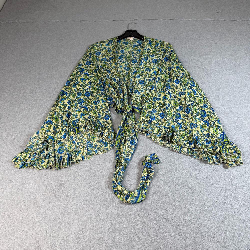 Gardenbelle Shop Shirt Women Plus Green Silk Blend Kimono Ruffle Tie Front Boho